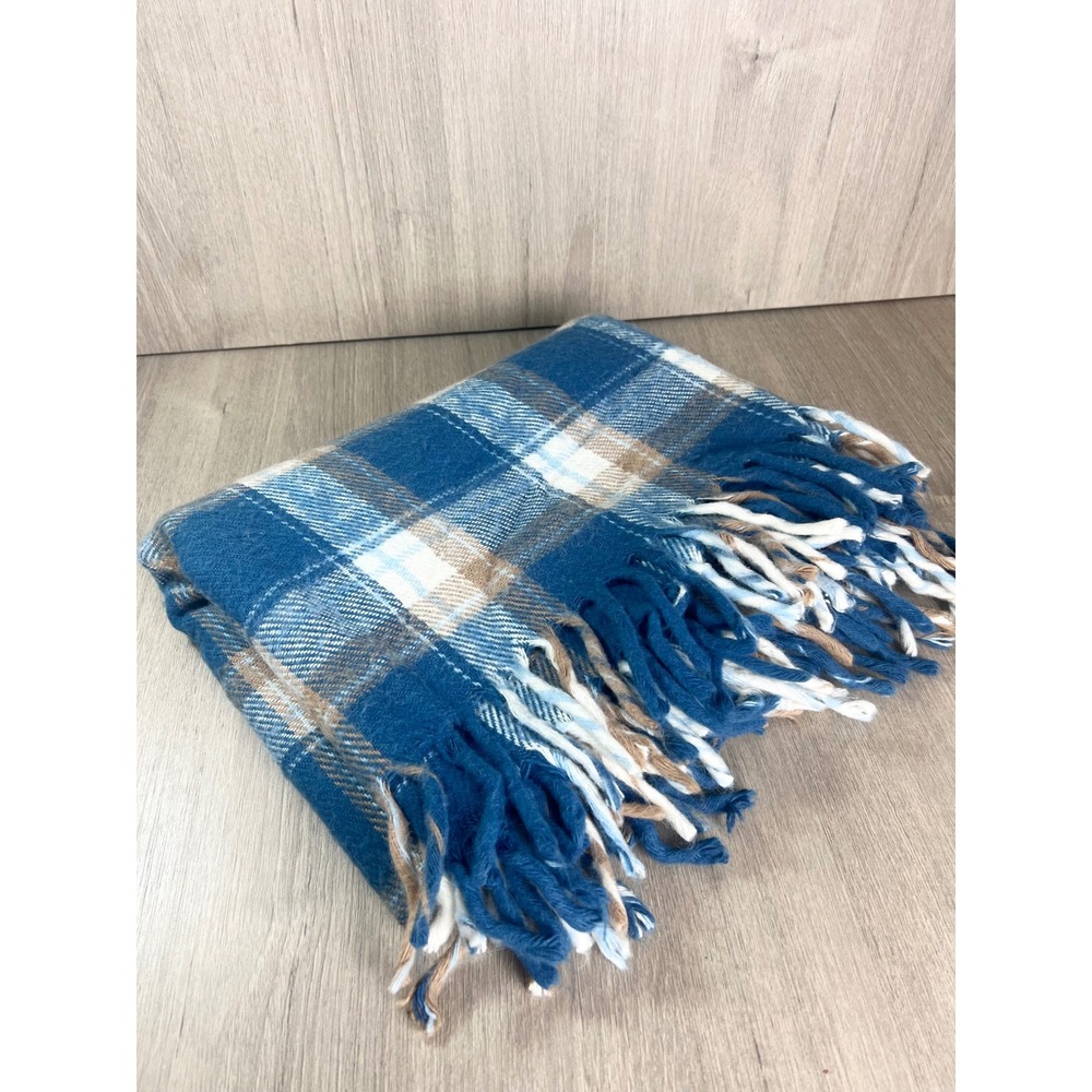 Faribault Woolen Mill Co Plaid Throw Blanket Blue Tan White Fringe Made in USA